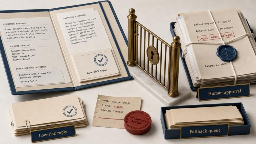 An open support-case folder with cited evidence and a proposed reply approaches a small brass gate; a routine response continues toward a ticket file while a refund request and incomplete-evidence bundle remain beside a human reviewer’s pen, with a failed-update seal directed to a fallback queue.