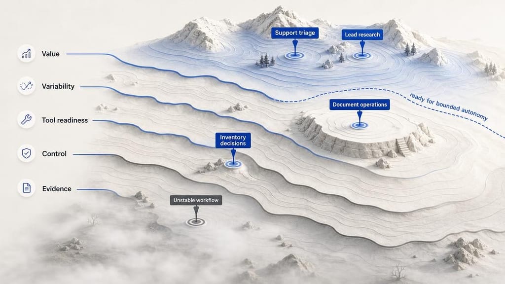 A topographic evidence landscape compares support triage, lead research, document operations, and inventory decisions across value, variability, tool readiness, control, and evidence, showing that only workflows strong across all five dimensions reach the bounded-autonomy zone.