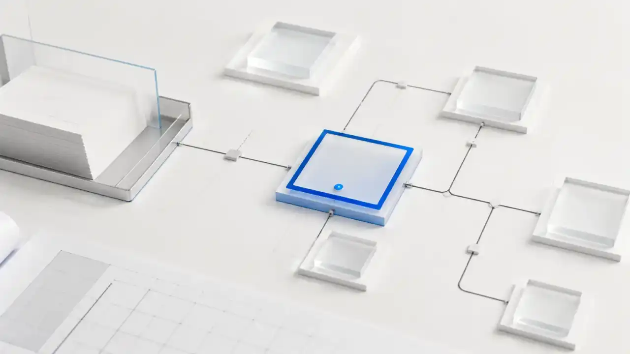 A blue routing node connects a stack of support records to separate response and escalation paths.