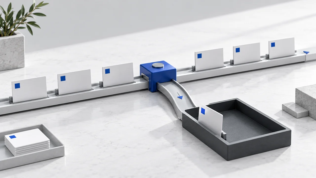 A tactile routing board sends most blank case cards along a compact rail and diverts an exception into a separate slate review tray.