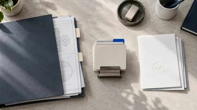 Engineering source folder, reusable context cards, and a reviewed completion packet on a work desk
