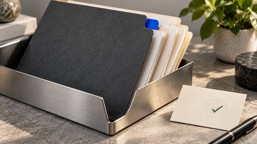 Reusable source folders in a metal tray beside a separate reviewed output card