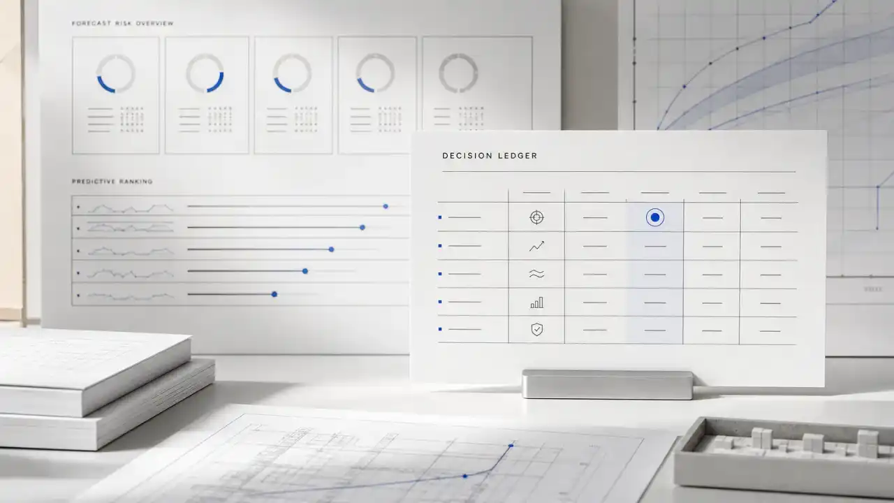 An illustrative decision ledger stands beside forecast evidence sheets and restrained blue planning signals.