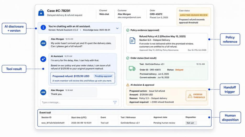 A structured customer-support case record shows an AI disclosure, refund-policy citation, order-status result, pending refund proposal, handoff trigger, and human-review audit trail.