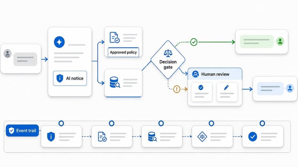 Diagram of a customer support case moving from an AI disclosure through approved policy and limited order tools to either a routine customer response or human review, while an event trail records the notice, sources, tool calls, handoff, and outcome.