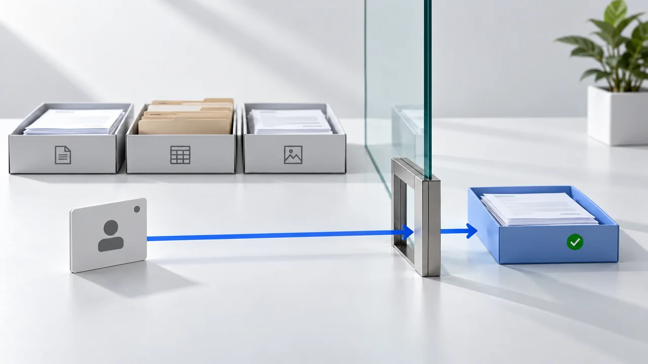A single authorized path crosses a transparent access boundary toward a draft tray, with three evidence trays behind it.