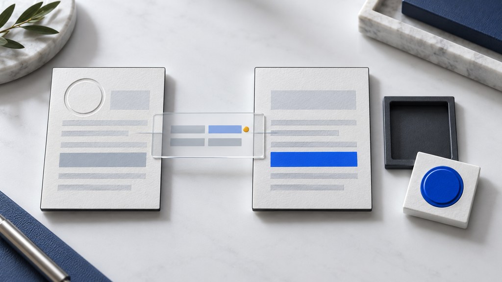 Two illustrative record versions show a changed field, a comparison overlay, and an approval tile outside the action tray.