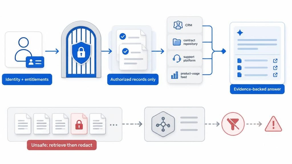 Diagram showing a requester’s identity and entitlements filtering business records before retrieval and AI answer generation, contrasted with an unsafe blocked path that retrieves a broad corpus before trying to redact sensitive content.