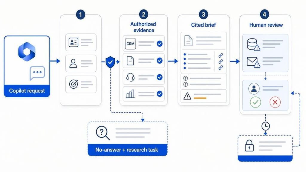 A process flow shows an account manager’s Copilot renewal-brief request passing through identity and purpose checks, authorized retrieval from four business systems, cited brief generation, and a human review gate before any material-risk CRM update or customer-facing message. Missing or conflicting records branch to a no-answer response and research task.