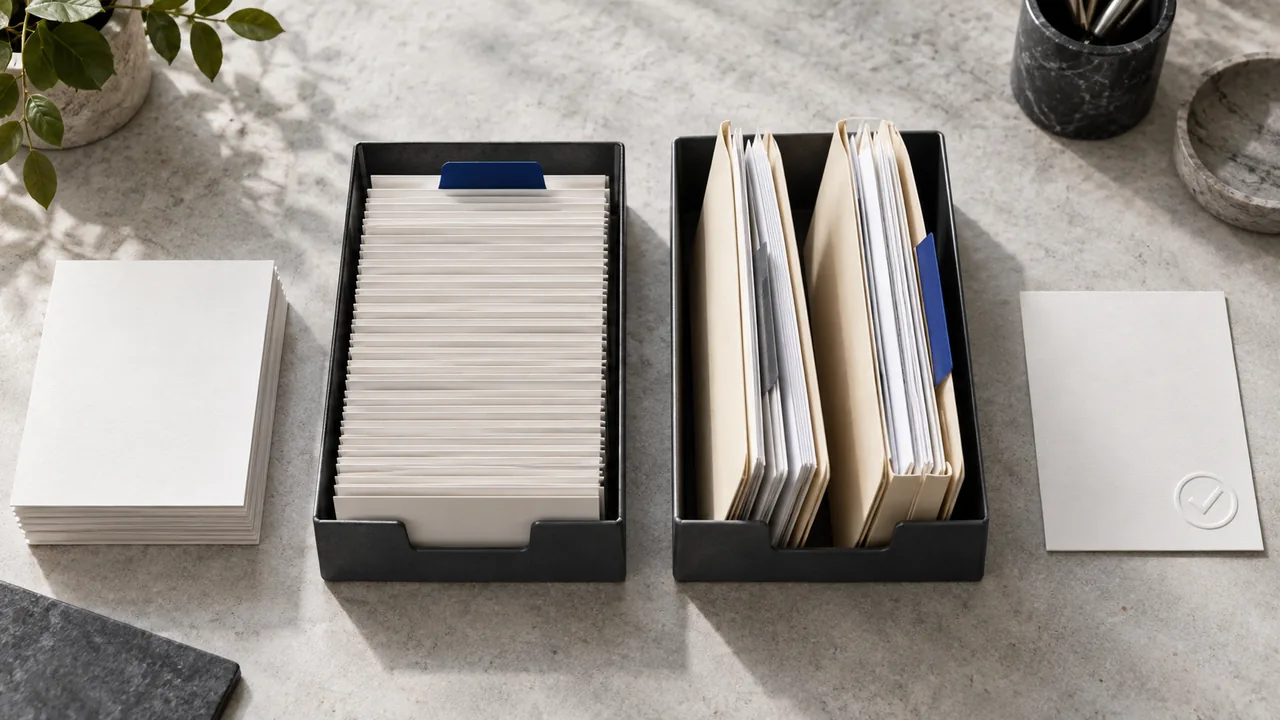 Incoming task cards beside separate trays for routine work and complex case files, ending at a review card
