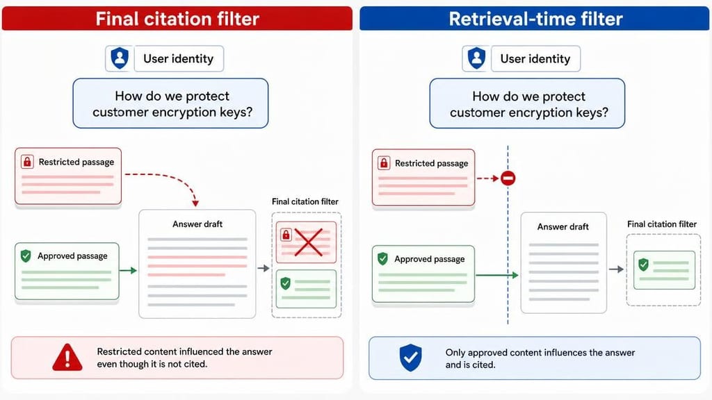 Split comparison of the same security questionnaire request: on the left, a restricted policy passage influences an answer before being removed from the citations; on the right, the restricted passage is blocked before retrieval and only an approved passage supports the cited answer.