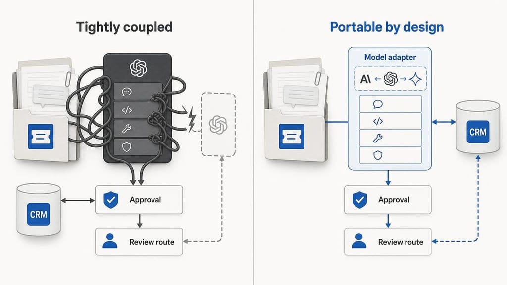 A support-ticket workflow is tightly bound to a provider on one side; on the other, its model adapter can change while the workflow contract, CRM boundary, approval point, and review route stay in place.