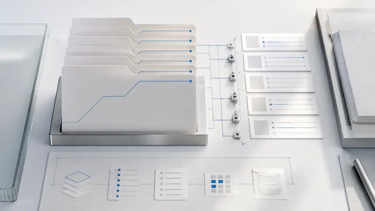 Company knowledge folders connect to separate search results through an access-control boundary.