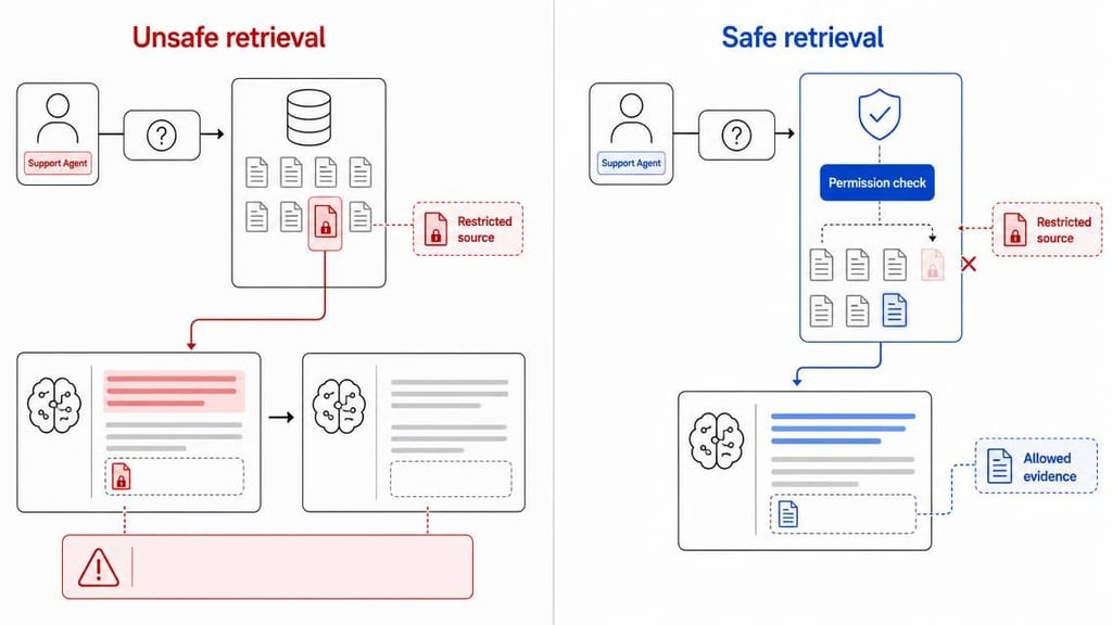 Split comparison showing restricted text entering the model in an unsafe retrieval path versus being blocked by a permission check before generation in a safe path.