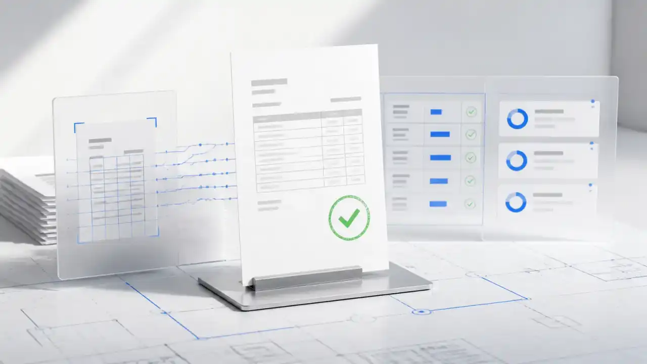 An invoice flows into structured field records and a separate validation and review view.