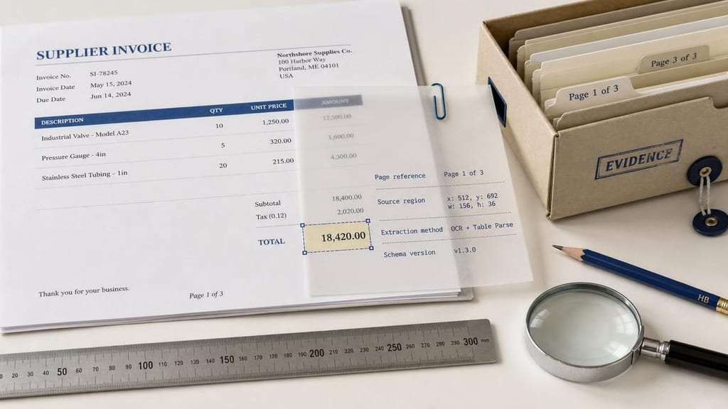 An illustrative supplier invoice highlights an extracted total of 18,420 and its page, source region, extraction method, and schema version; the inconsistent arithmetic requires review.