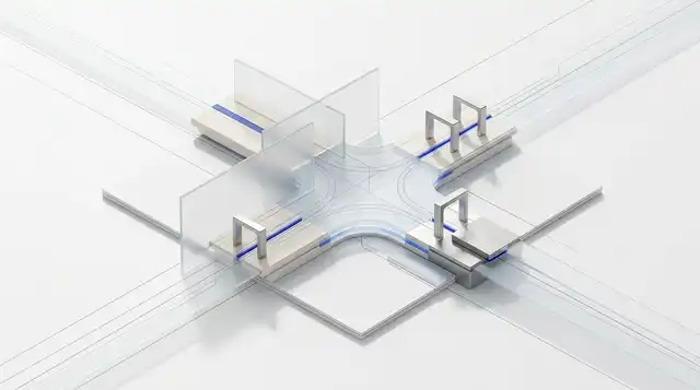 Abstract B2B revenue workflow with account context cards, pipeline routing, and review controls.