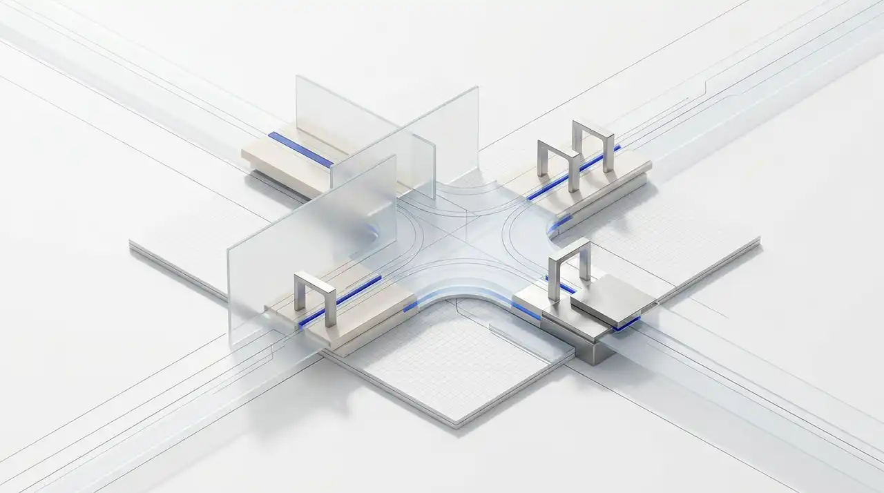 Abstract B2B revenue workflow with account context cards, pipeline routing, and review controls.